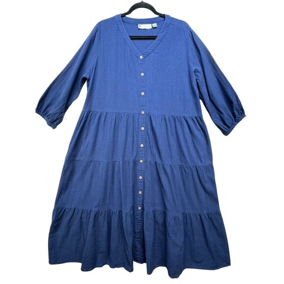 Ella Simone Womens Midi Tiered Shift Dress Size L Blue Button Front V-Neck Y2K - Picture 1 of 13